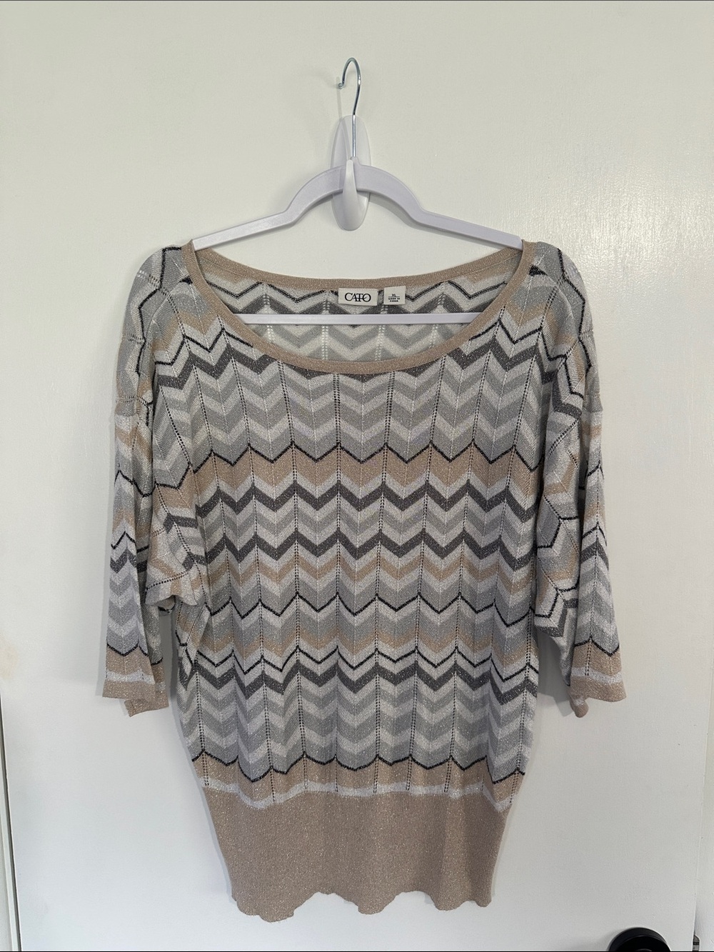 Cato Chevron Knit Scoop Neck Sweater - Beige, Gray & White with Shimmer Size XL